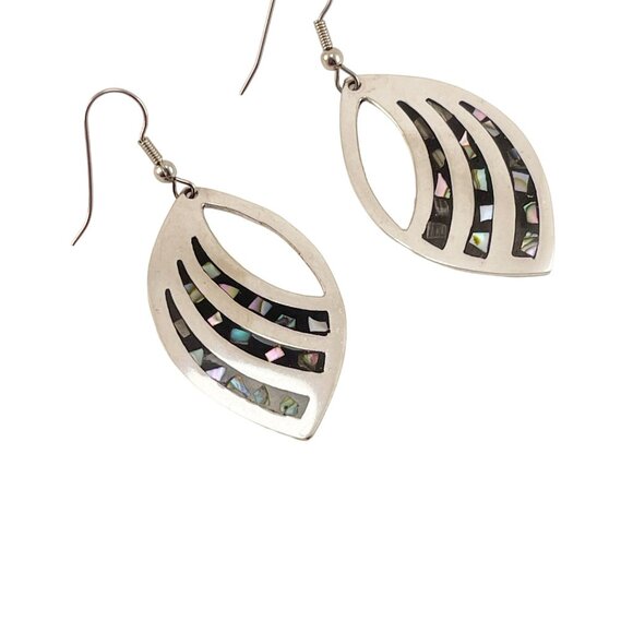 Sterling Silver Abalone Shell Inlay Leaf Shaped Dangle Earrings Abalone Inlay Ea - Picture 3 of 9